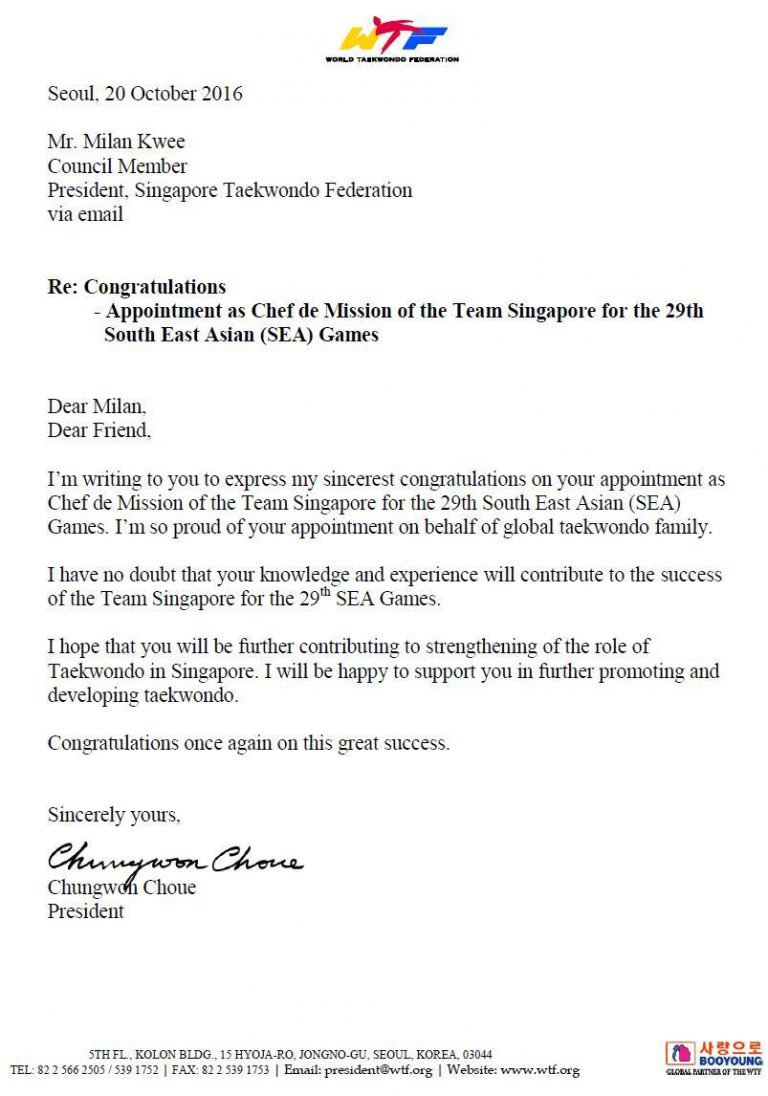 Congratulatory Letter from WTF President